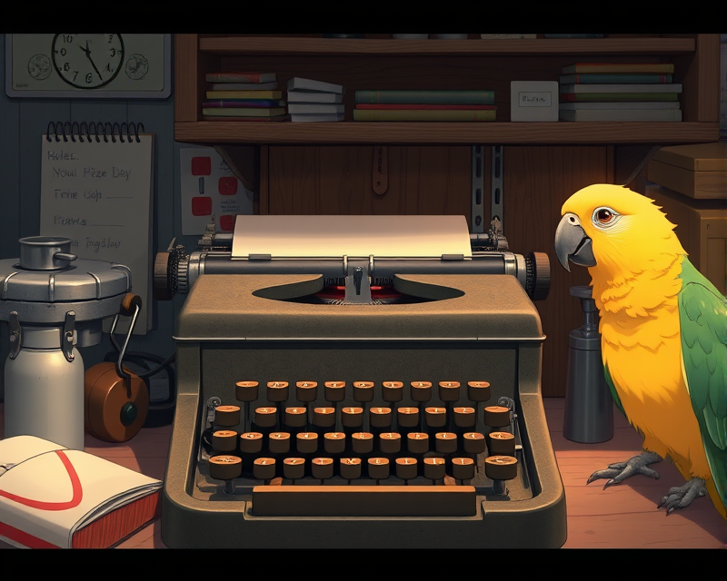 anime, typewriter, log, parrot, potato chip